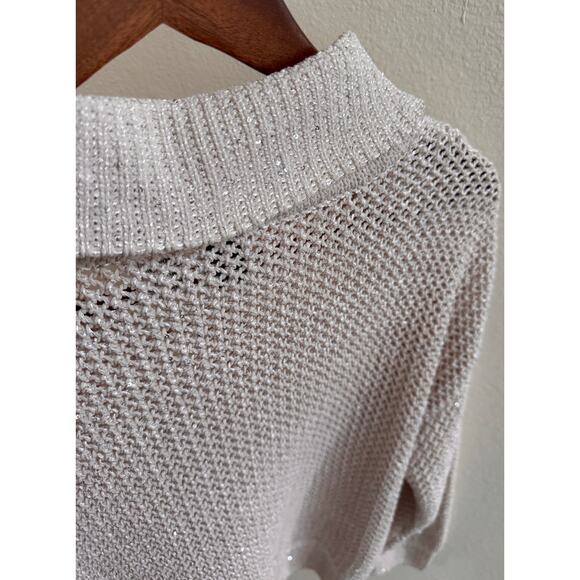 Joie Ivory Sequin Open Knit Lace-Up Collared Long Sleeve Pullover Sweater Medium - Picture 9 of 13